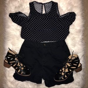 Navy Blue Heart Pattern Cold Shoulder Top